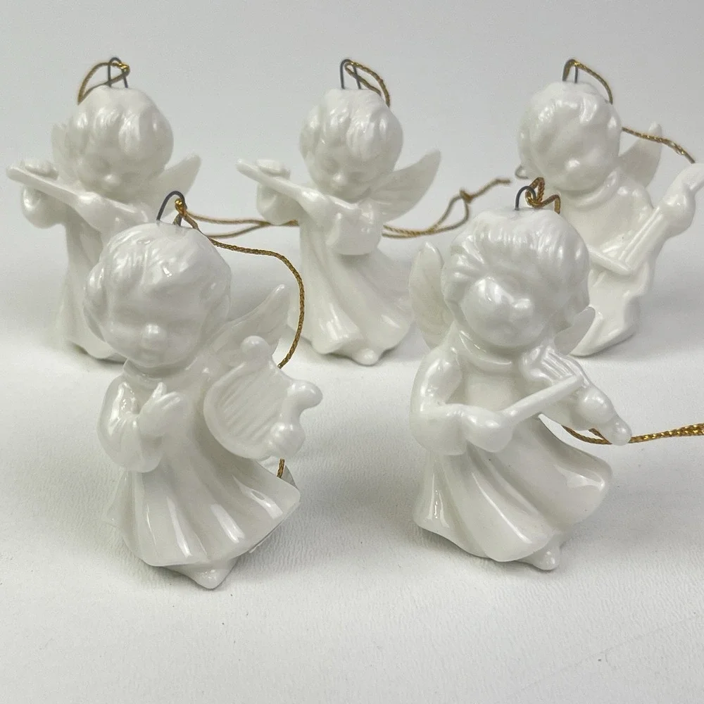 Schmid 5 Angels with Musical Instruments Christmas Ornaments White Japan